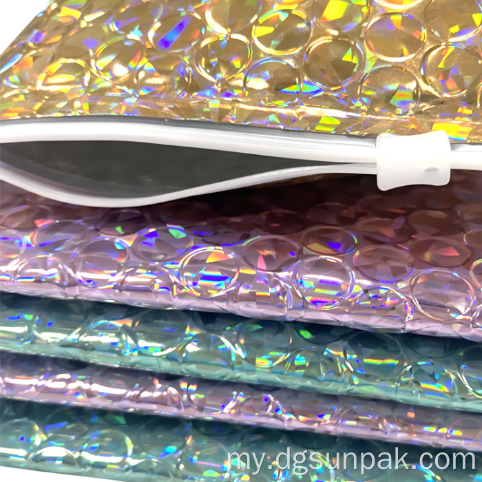 ရွှေအစိမ်းအစိမ်းရောင်ပန်းရောင် holographic metallic bubble mailer အိတ်များ